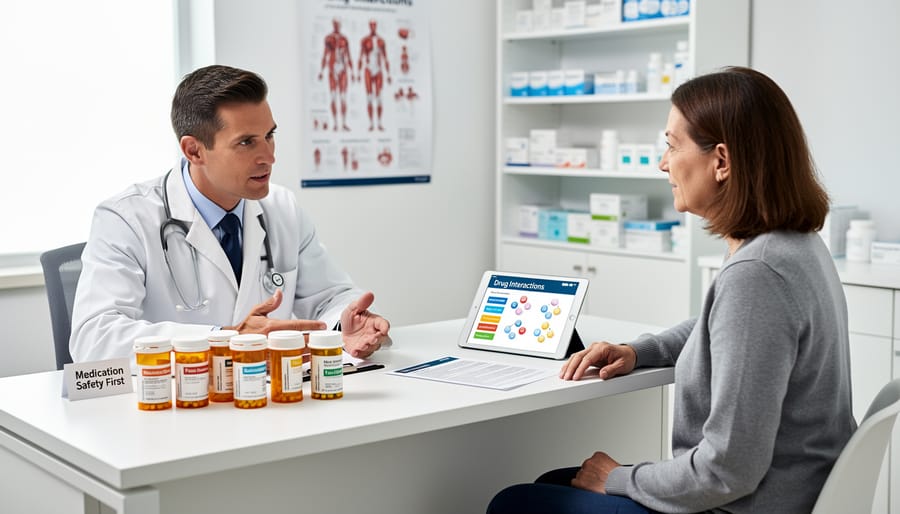 Clinician speaking with a patient in a healthcare setting, with stethoscope and pharmacy bottles softly blurred in the background