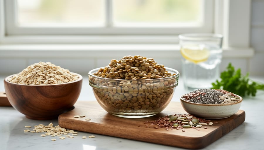 Close-up of fiber-rich foods like oats, chia seeds, lentils, and fruit on a plate.