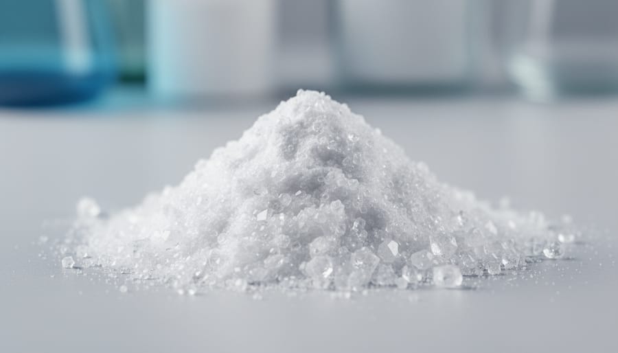 Close-up of pale powdery CBD isolate crystals in a glass jar on a clean dark countertop