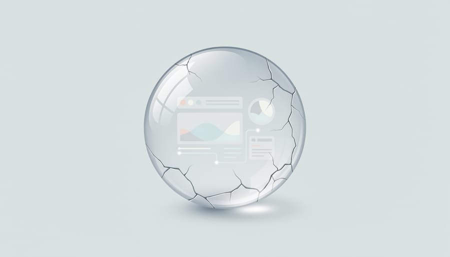 Glass sphere with subtle cracks and soft reflective glow on a dark wooden surface