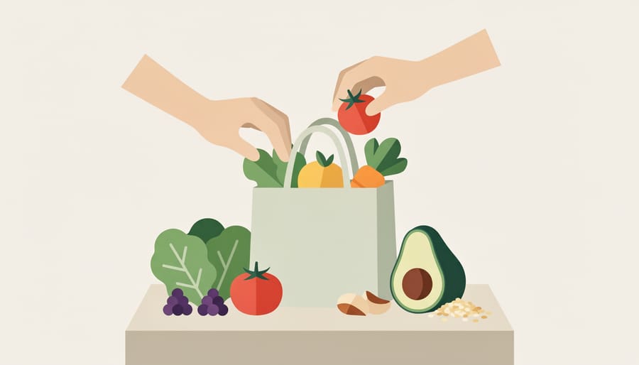 Hands placing fresh vegetables and berries into a reusable grocery bag on a kitchen counter.