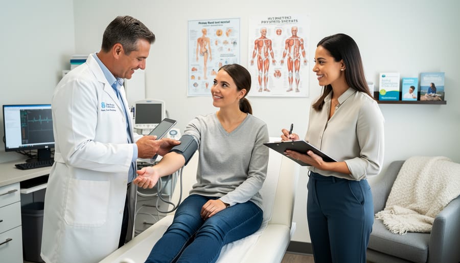 Healthcare team and patient seated together in a clinic room during a collaborative care conversation.