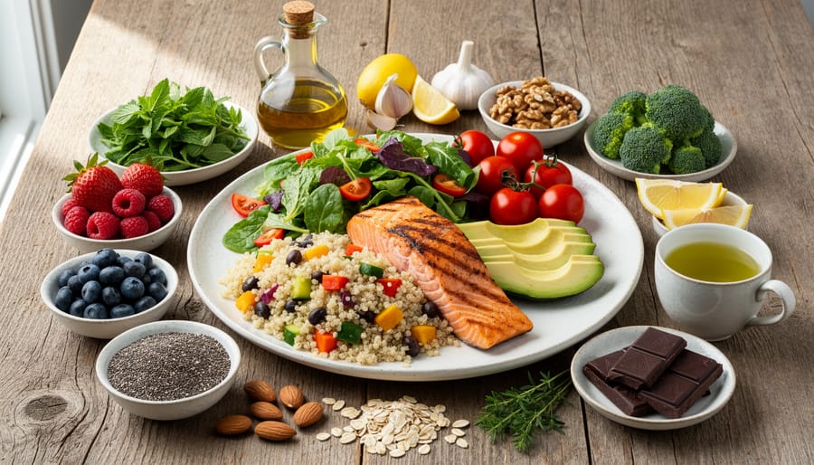 Heart-shaped arrangement of berries, leafy greens, nuts, and whole grains on a kitchen table.
