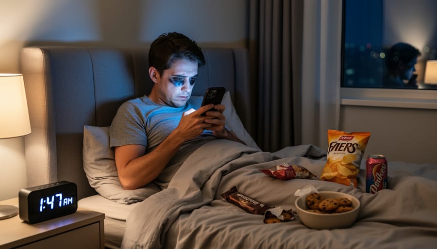Nighttime kitchen scene showing a small snack and water on a counter near a laptop in a dimly lit home.