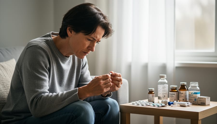 Person in a quiet room holding medication while looking concerned and emotionally burdened.