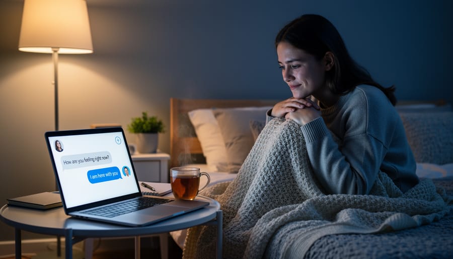 Person sitting at a kitchen table at night holding a smartphone with a warm mug beside them