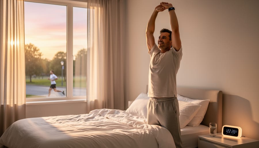 Person walking outdoors in warm sunrise light, suggesting a consistent sleep schedule and an active start to the day.
