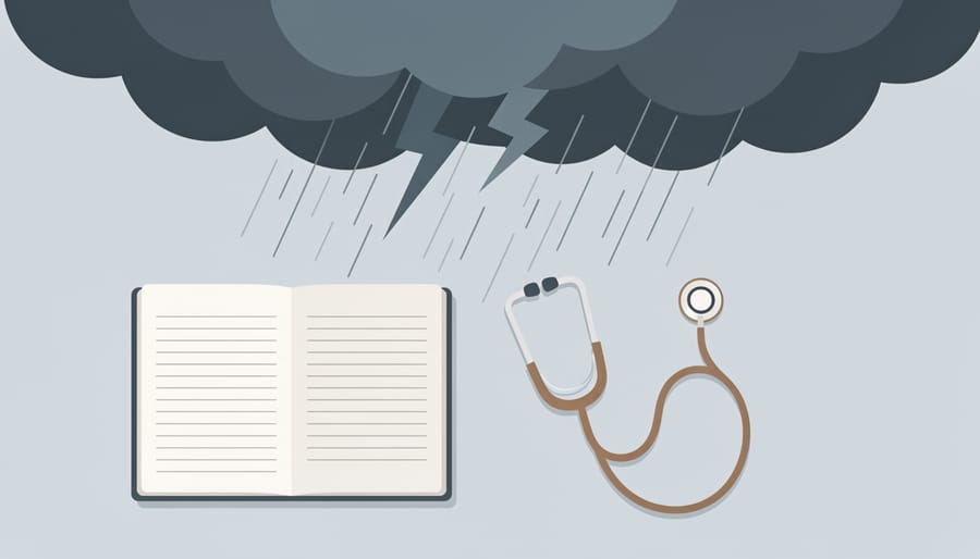 Stethoscope draped over a journal with a stormy sky visible through a window in the background.