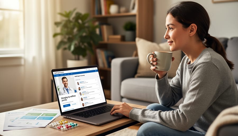 Person holding a smartphone and a wellness book in a bright home setting