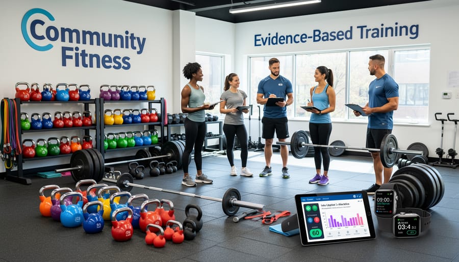 Kettlebell and resistance bands arranged on a wooden floor beside a laptop