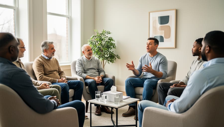 A counselor and a small circle of men in therapy or group support session.