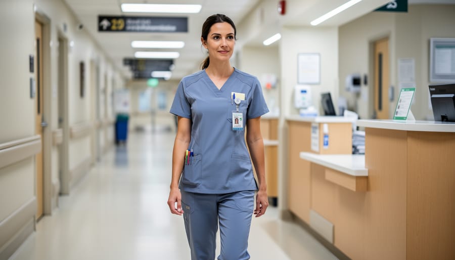 Healthcare worker adjusting the cuffs of clean scrubs in a hospital hallway.