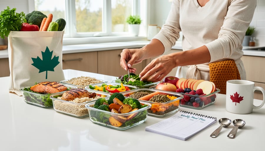 Colorful prepared healthy meal in containers on a kitchen counter