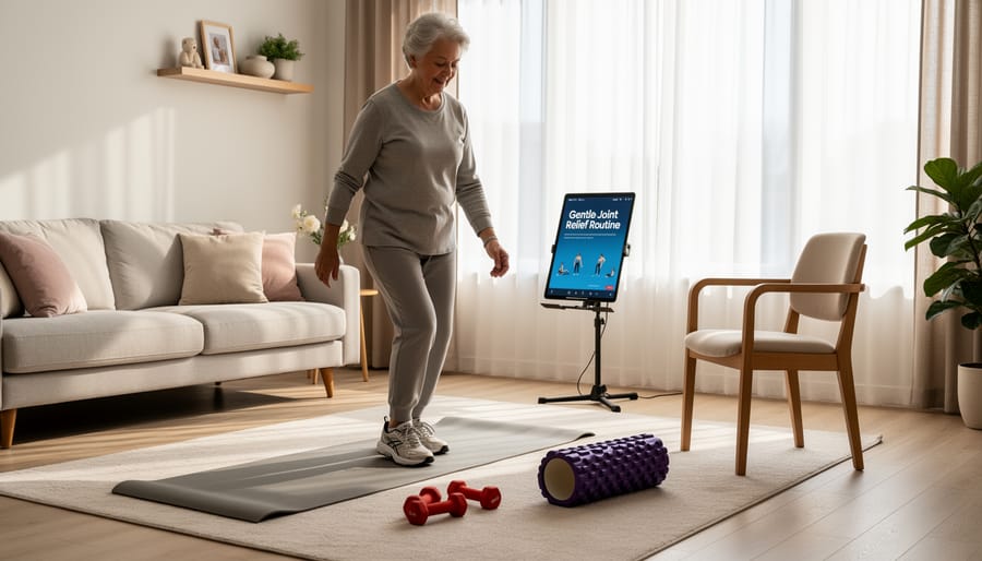 Older adult doing gentle knee exercises on a yoga mat with a resistance band at home