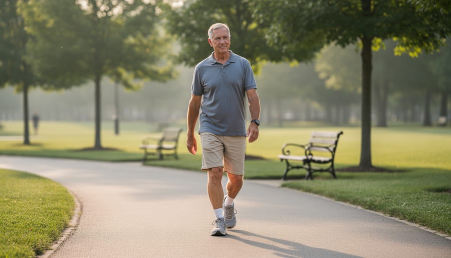 Older adult walking outdoors on a paved path wearing supportive shoes