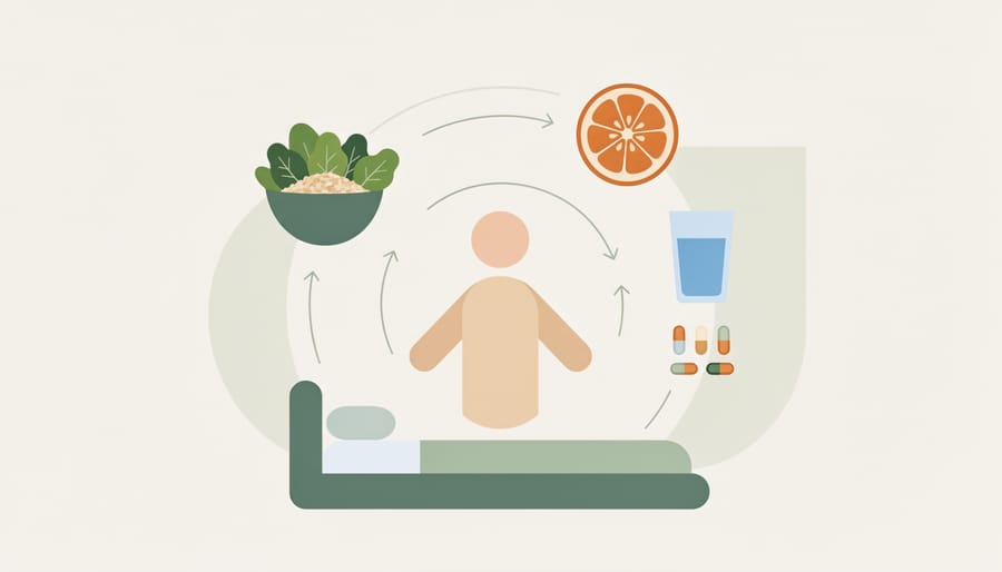 Healthy recovery meal ingredients and water on a kitchen table with a track jacket nearby.