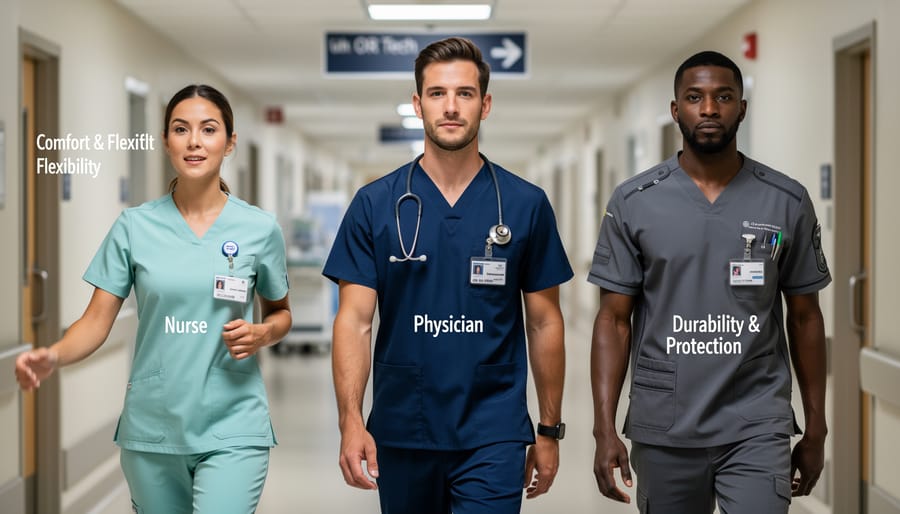 Two healthcare workers in different roles wearing scrubs side-by-side in a hospital ward.