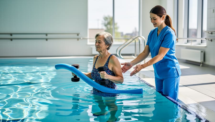 Older adult walking in a pool holding a rail for support during a low-impact exercise session
