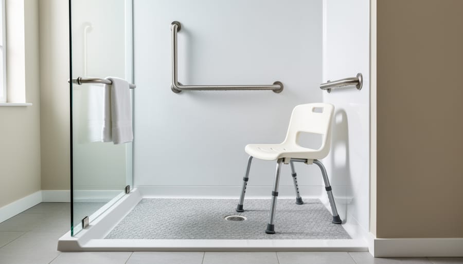Grab bar, non-slip shower mat, and shower chair in a clean bathroom near the toilet and shower