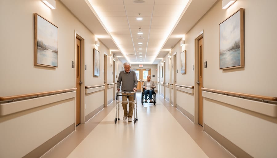Senior moving through a well-lit, clutter-free hallway with a clear path for a walker