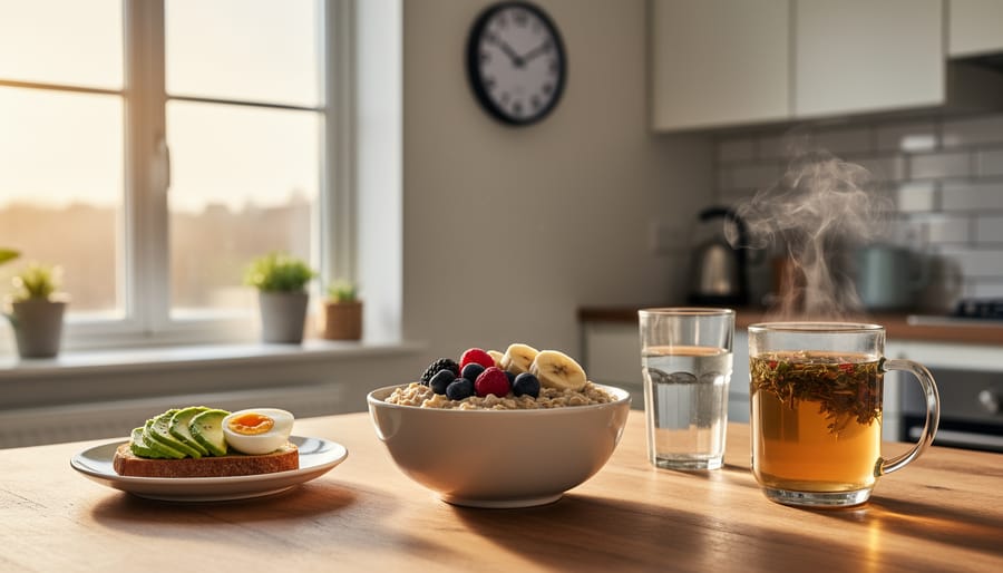 Person holds a bowl of oatmeal with berries in a bright kitchen, representing eating earlier in the day.