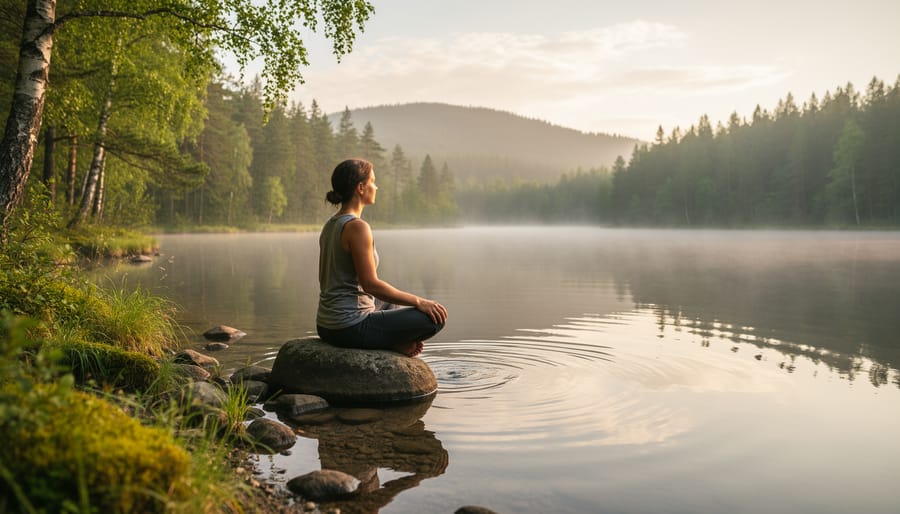 Person sitting quietly with their back to a tree in a forest clearing under soft overcast light