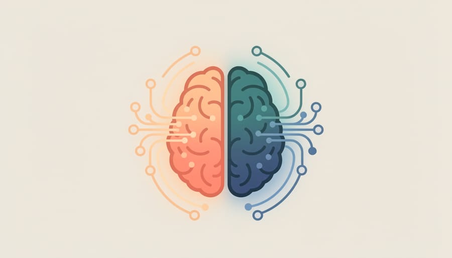 Close-up of a softly glowing translucent brain model illuminated by warm and cool colored light tones from opposite sides.