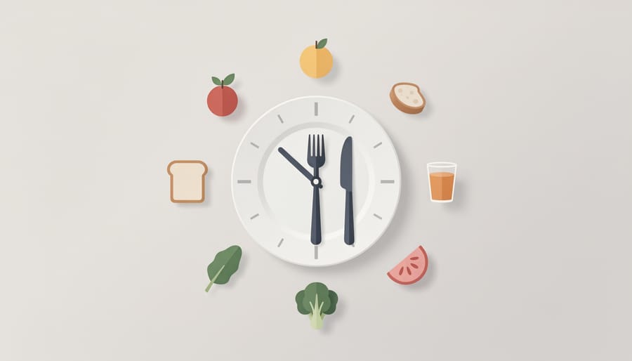 Healthy meal ingredients arranged on a kitchen counter beside a wristwatch, representing meal timing for chrononutrition.
