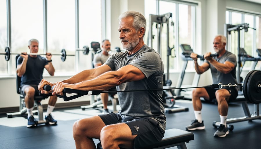 Older man holding light dumbbells during seated resistance training