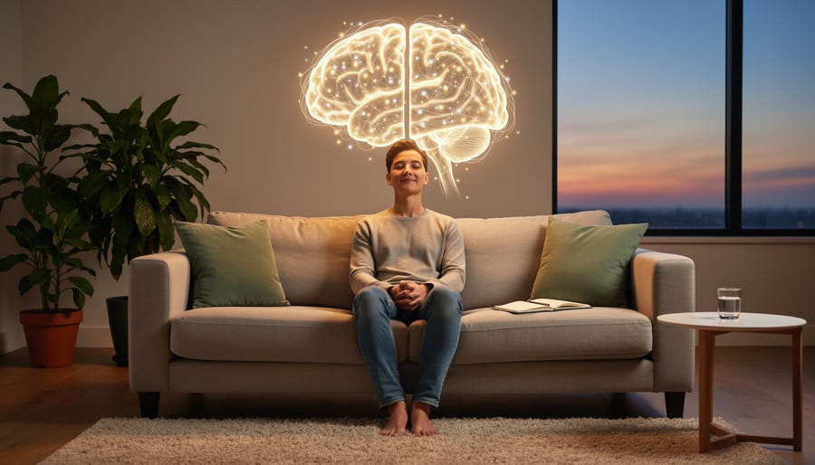 Person sitting quietly in a softly lit Canadian living room at night, symbolizing mental calm and regulation.