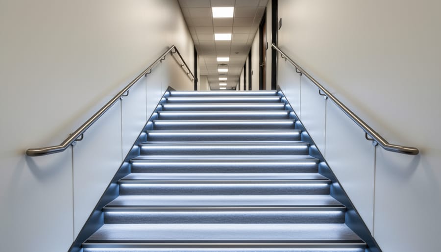 Safe staircase with handrails, secured carpet, and warm lighting at the top landing