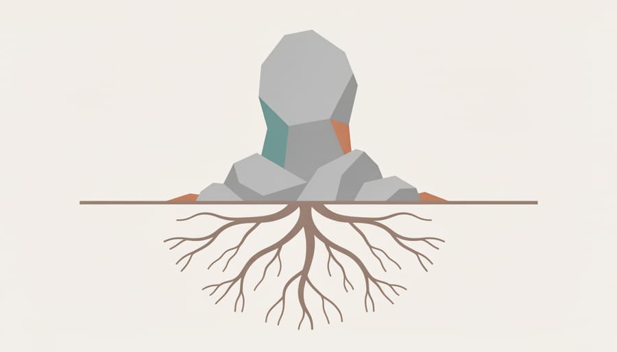 Tree roots emerging from soil beside a rock representing bone strength