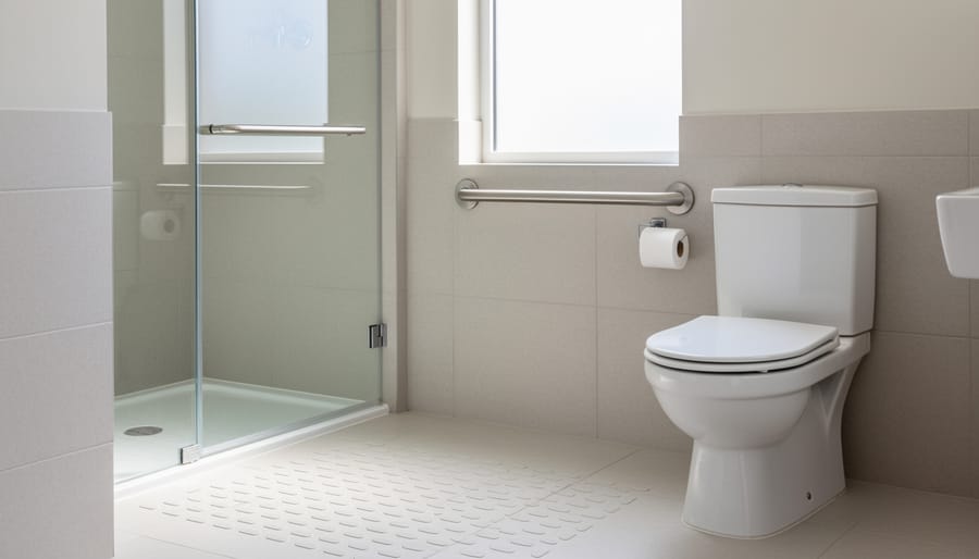 Accessible bathroom with a grab bar beside the toilet and non-slip flooring