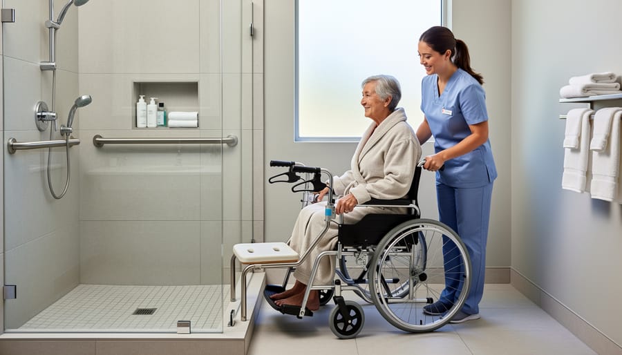 Caregiver assisting an older adult in a barrier-free shower area with safety-focused equipment