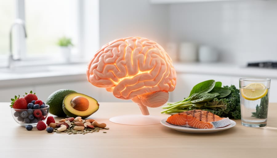 A brain model on a studio table next to a glass of water and bowls of nuts and berries.