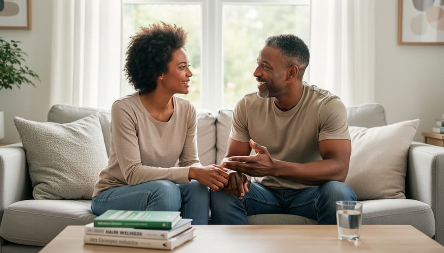 Canadian couple having a relaxed conversation at home, illustrating open communication about sexual wellness.