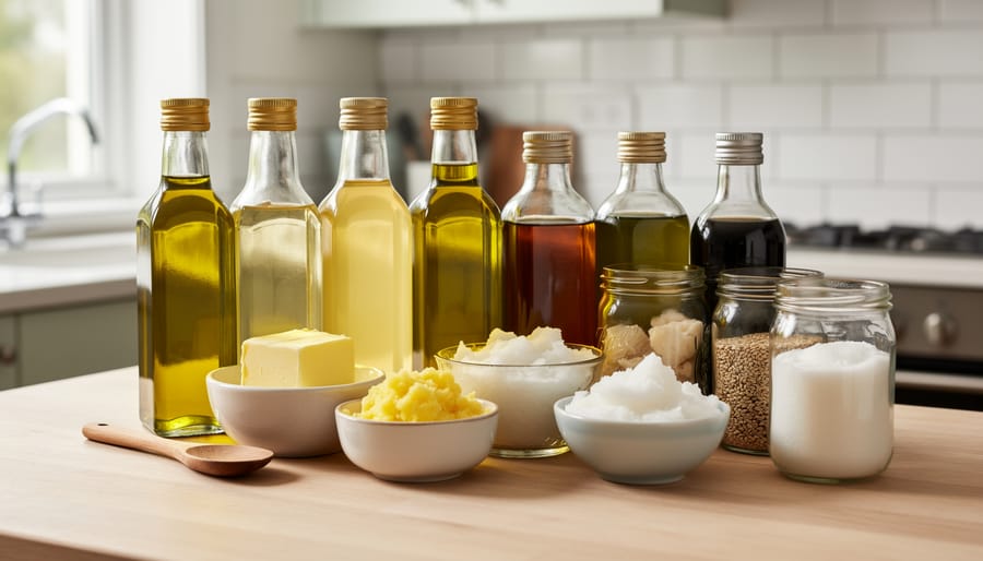 Assorted cooking oils and butter in small glass bowls on a kitchen countertop