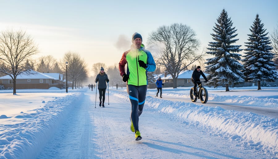 Runner and cyclist training on a paved path beside snow-dusted trees in winter