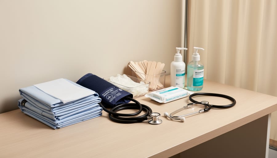 Close-up of clean medical exam supplies arranged on an examination table.