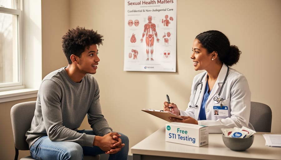 Clinician speaking with a patient in a bright clinic room in a confidential, supportive manner.