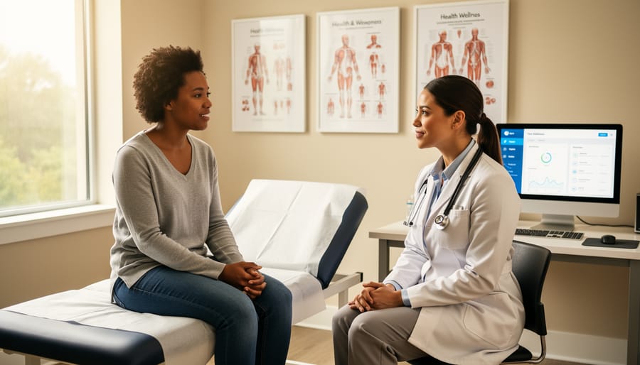 A patient and clinician in a bright clinic consultation room discussing a wellness visit.