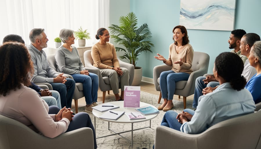 People sitting in a community support circle, suggesting peer support and open dialogue around sexual wellness.