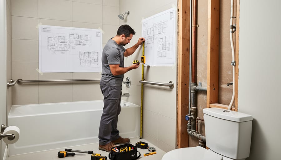 Contractor installing a grab bar with tools like a level and measuring tape in a bathroom