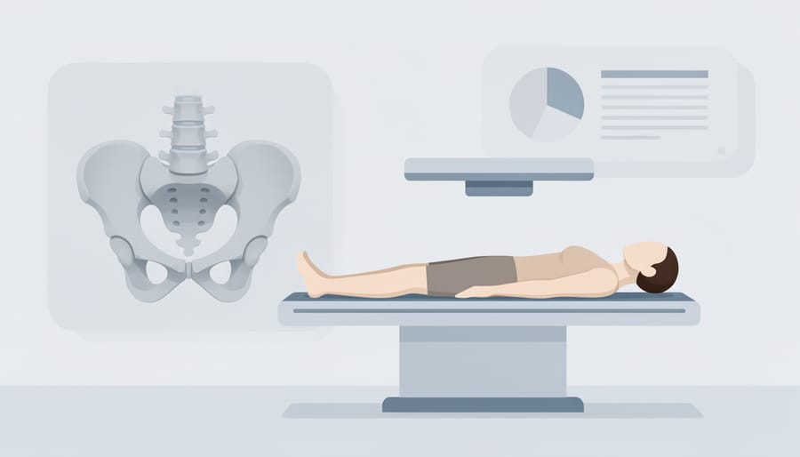 Mature man seated near a bone density scanning machine in an imaging room