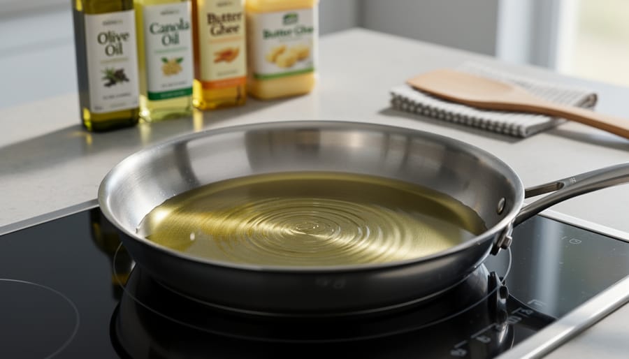 Stainless steel frying pan with shimmering cooking oil on a stovetop