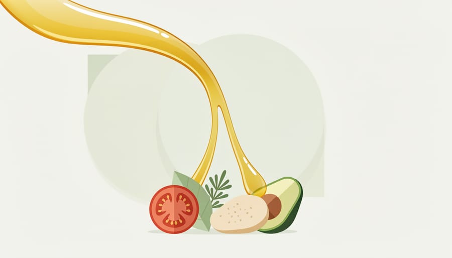 Olive oil drizzle on a plate with avocado and lemon nearby