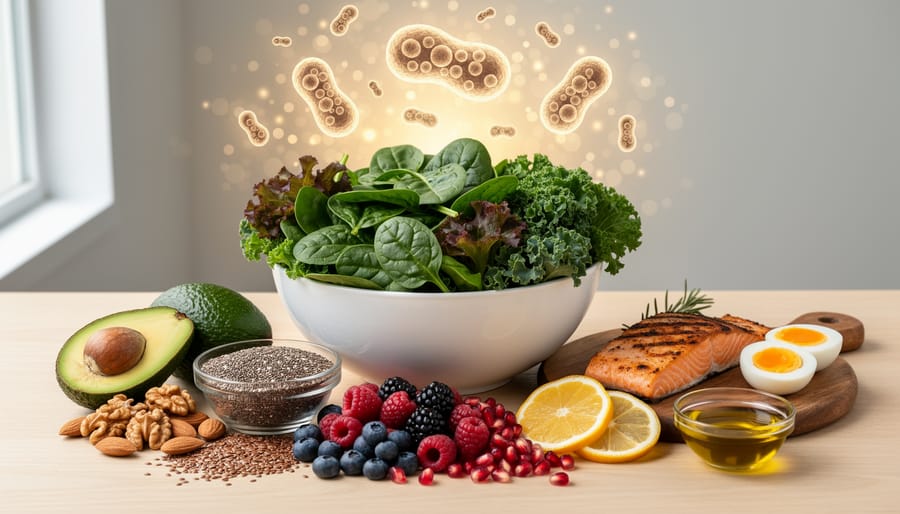 Assorted leafy greens, berries, and other healthy foods arranged on a wooden surface.