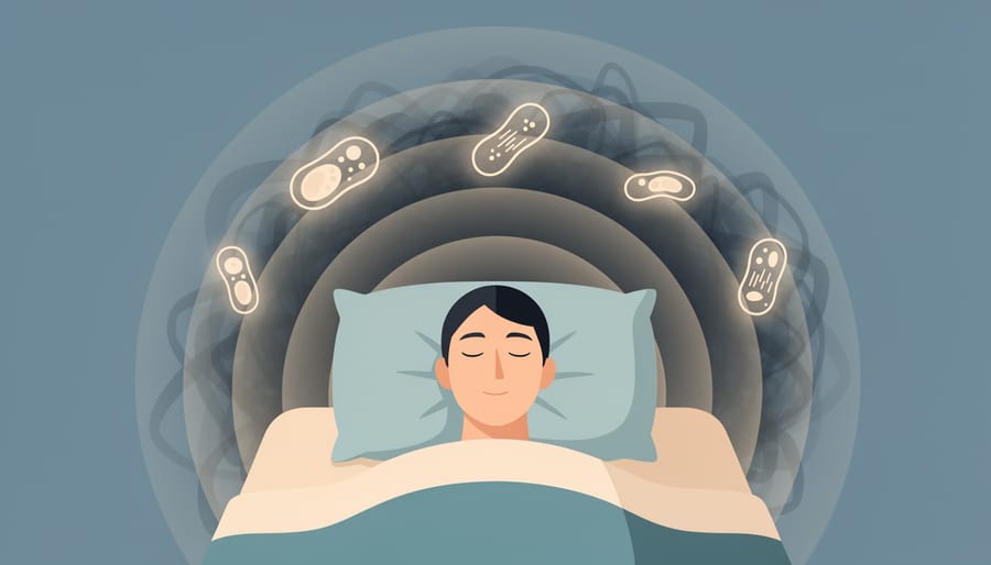 Person sitting quietly in a dim bedroom with moonlight, conveying restful sleep and recovery.