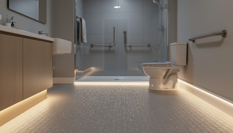 Wet bathroom floor with non-slip surface and warm night light for safer nighttime visibility