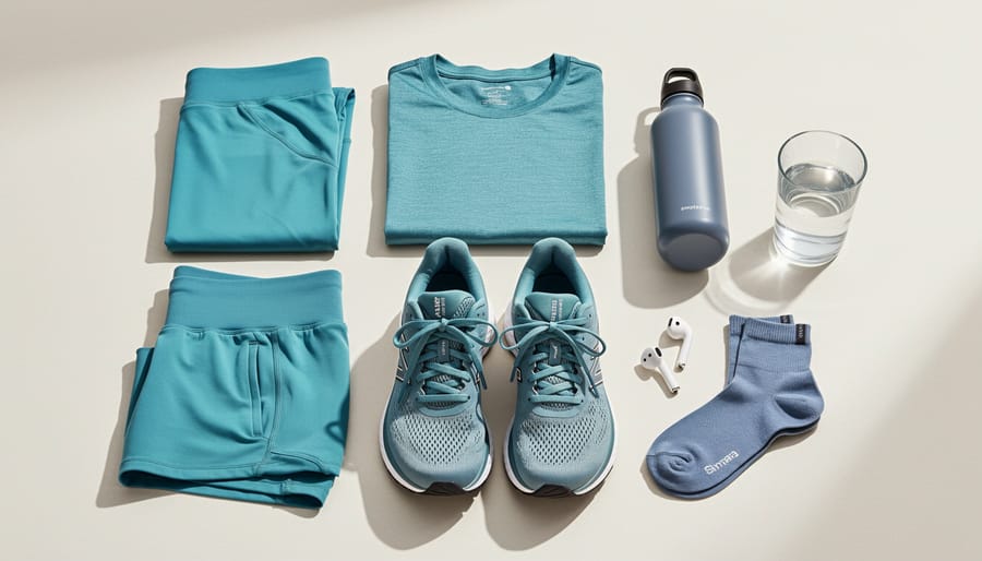Running shoes, breathable workout clothing, and a water bottle arranged on a bench